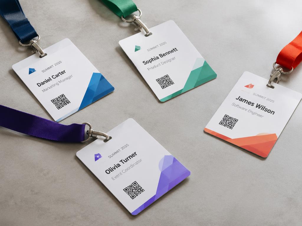 Crachás de evento impressos com cordões coloridos